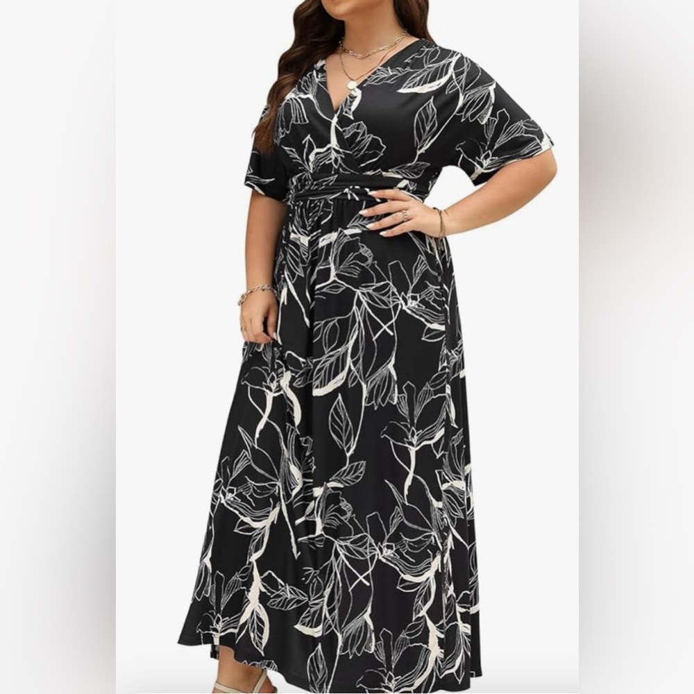 Plus SX 2X Black & White Floral Maxi Dress